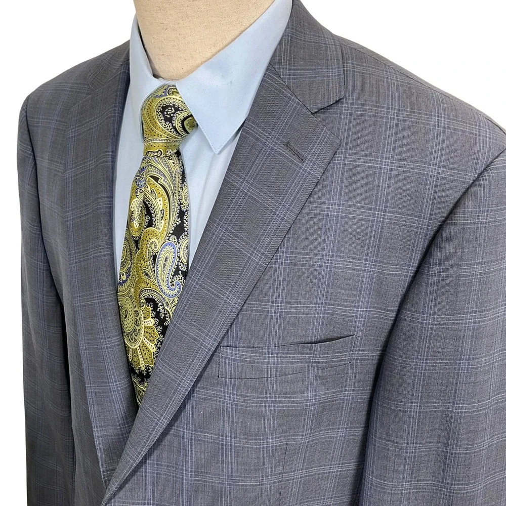 Austin Reed Ticknors Suit Mens 46L 39W 35L Gray Blue Plaid Classic 2 Button Wool